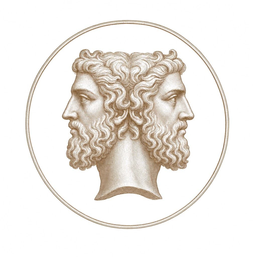 Bronze coin engraving of Janus, the two-faced Roman god